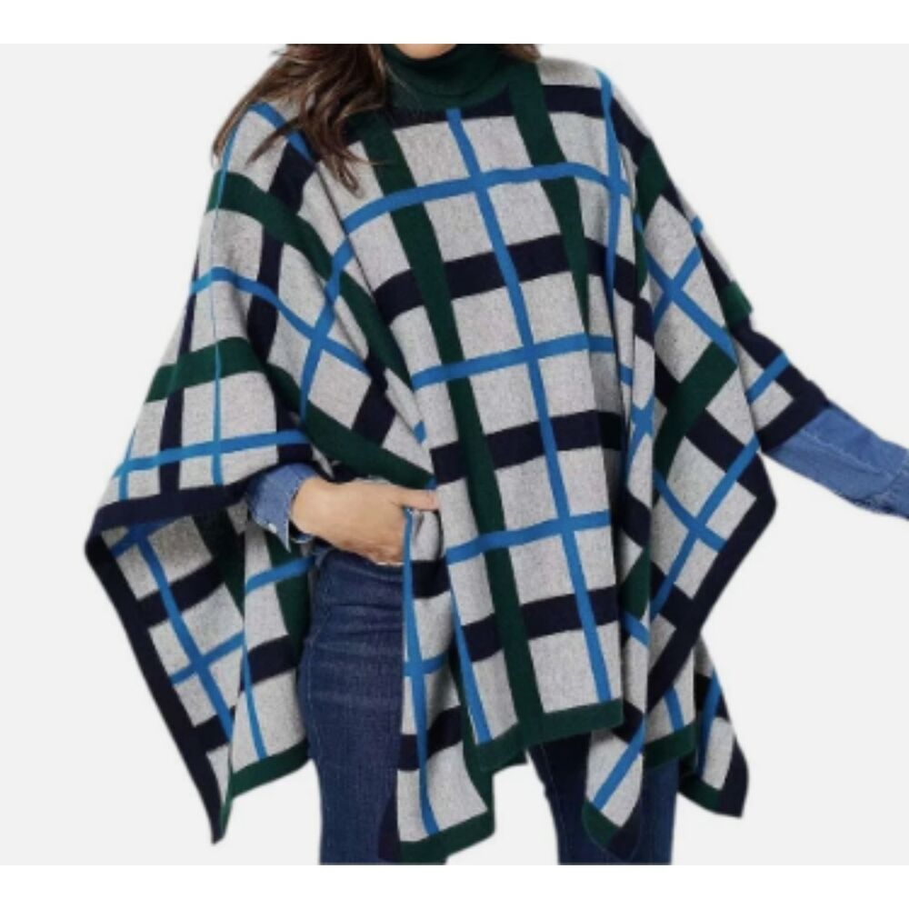 Soft by NAADAM 100% Cashmere Plaid Turtleneck Poncho Cape Oversized Quiet Luxury